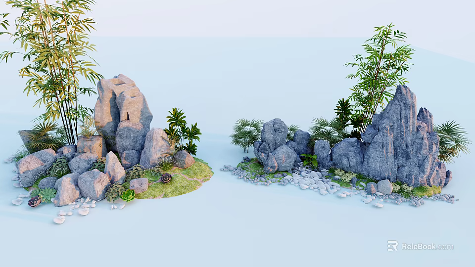 Courtyard Garden Design With Rock Formations Bamboo Plants Small Green Plants And Pebbles 3d model 