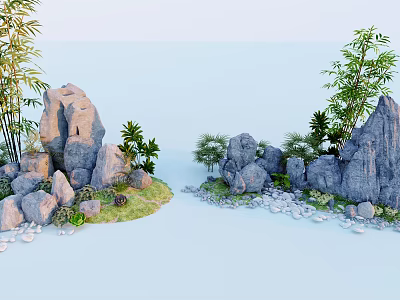 Courtyard Garden Design With Rock Formations Bamboo Plants Small Green Plants And Pebbles 3d model