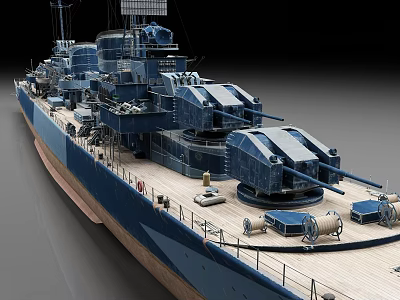 Blue Warship Featuring Deck Equipment And Turrets In 3D View 3d model