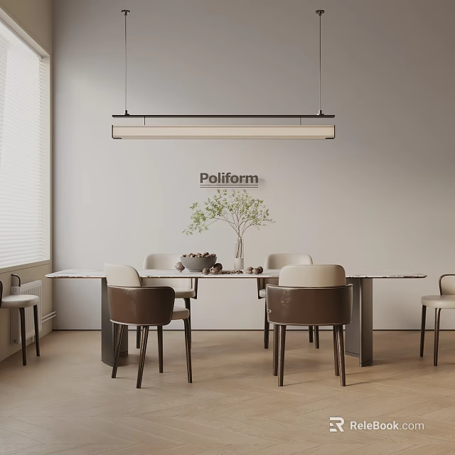 Modern Poliform Dining Table Set With Chairs Pendant Light And Plant 3d model