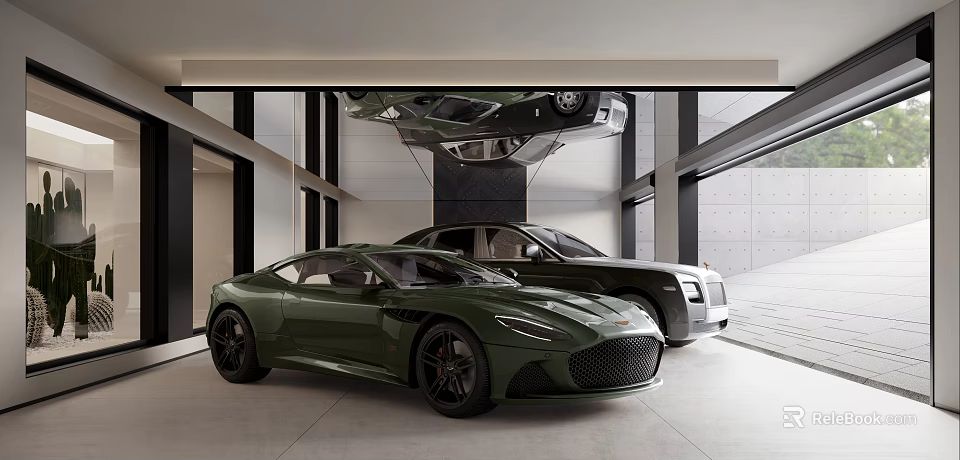 Spacious Modern Luxury Garage Interior With Green Sports Car Black SUV And Hanging Car 3d model 