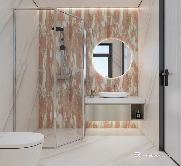 Modern Bathroom Interior With Marble Textured Wall Round Mirror Glass Shower And Vanity Lighting 3d model 