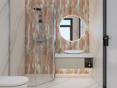 Modern Bathroom Interior With Marble Textured Wall Round Mirror Glass Shower And Vanity Lighting 3d model