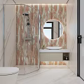 Modern Bathroom Interior With Marble Textured Wall Round Mirror Glass Shower And Vanity Lighting
