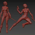 Red Haired Female Characters In Black Bodysuits With Gun And Glowing Staff Action Poses