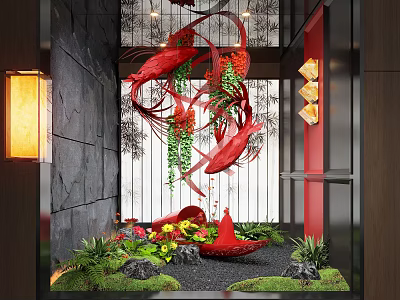Artistic Indoor Landscape With Red Decorative Elements Green Plants Stones And Water Feature 3d model