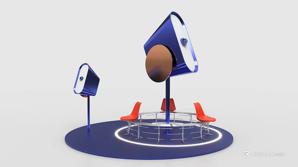 Modern Exhibition Platform With Blue Structure Brown Circular Object Red Chairs And Round Table 3d model