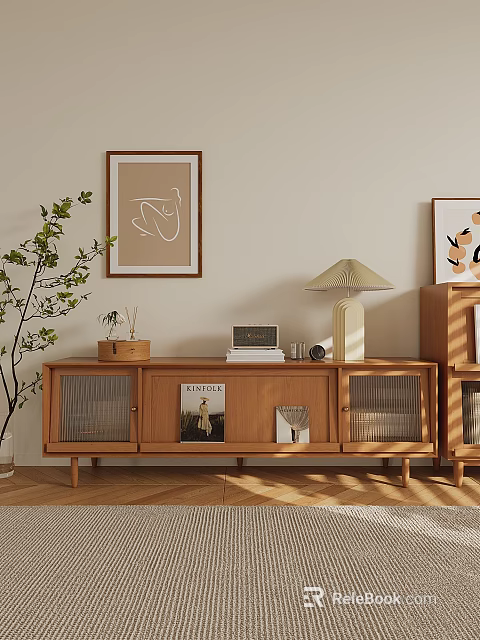 Modern Wooden TV Stand Interior Design With Vintage Radio Books And Table Lamp 3d model 