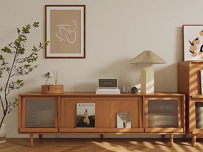 Modern Wooden TV Stand Interior Design With Vintage Radio Books And Table Lamp 3d model