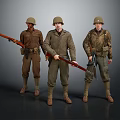 Realistic Three Game Movie Characters in Military Uniforms with Helmets and Rifles