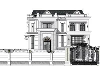 European Style Detached Villa With Two Story Symmetrical Design Wrought Iron Gate And Arched Door 3d model