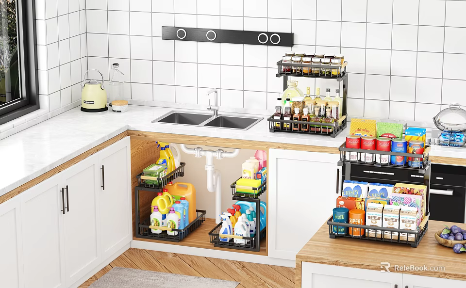 Kitchen Storage Shelves Organizing Spices Cans Cleaning Supplies Under Sink and Countertop 3d model 