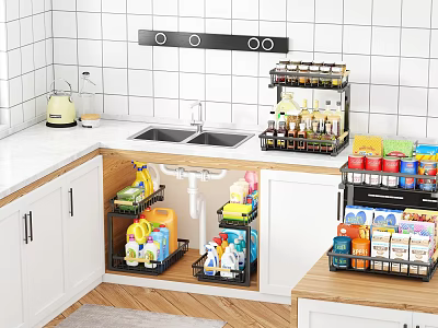 Kitchen Storage Shelves Organizing Spices Cans Cleaning Supplies Under Sink and Countertop 3d model