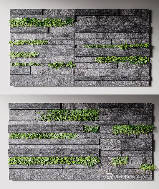Gray Stone Wall Design With Green Plants And Textured Slabs 3d model 