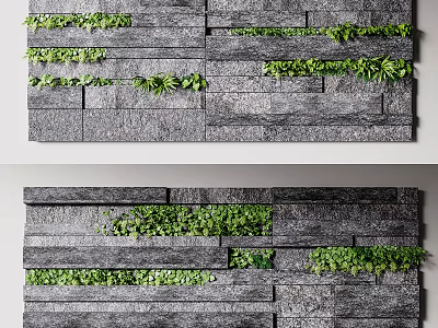 Gray Stone Wall Design With Green Plants And Textured Slabs 3d model
