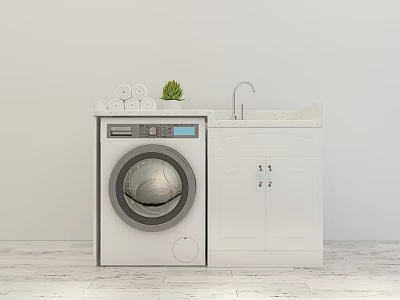 White Washing Machine With Cabinets Countertop Faucet Toilet Paper Rolls And Small Plant 3d model