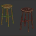 Pair of Wooden Stools With Carved Round Top And Four Legs Design