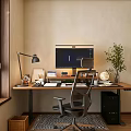 Home Office Desk And Chair Set With Monitor Lamp Globe And Plant