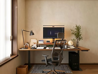 Home Office Desk And Chair Set With Monitor Lamp Globe And Plant 3d model