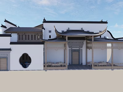 Traditional Ancient Chinese Architecture With Upturned Eaves White Walls And Circular Window 3d model