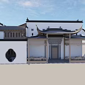 Traditional Ancient Chinese Architecture With Upturned Eaves White Walls And Circular Window