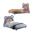 Purple Kids Bed With Bear Shaped Headboard Soft Pillows And Checkered Quilt Design