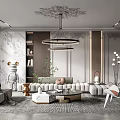 Elegant Living Room Interior Design With Chandelier Light Gray Sofa Coffee Table Bookshelf And Plant