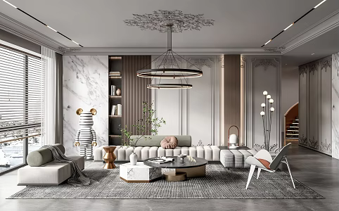 Jane European Living Room Sofa Coffee Table Combination Wall Panel Chandelier Curtain Rotating Stairs Multi-person Sofa 3d model