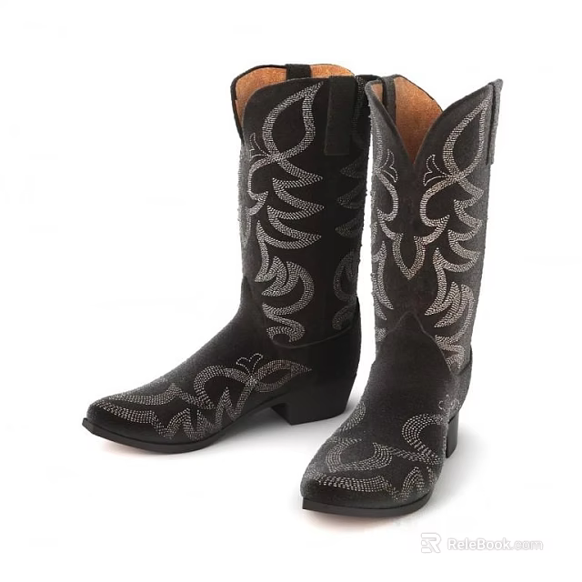 Black Leather Cowboy Boots with Silver Embroidered Patterns and Elegant Design 3d model