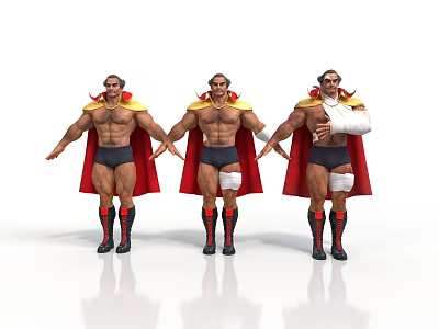 Muscular Men In Red Capes Black Shorts And Yellow Decorated Helmets With Arm Bandage 3d model
