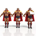 Muscular Men In Red Capes Black Shorts And Yellow Decorated Helmets With Arm Bandage
