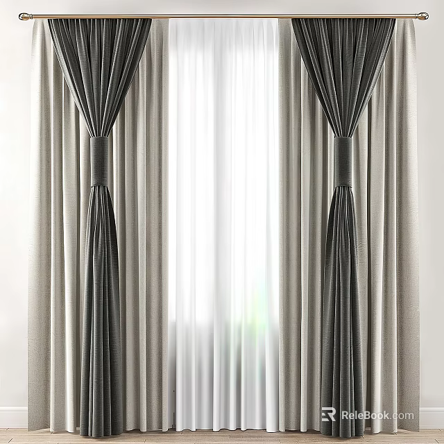 Elegant Layered Curtains With Dark Panels Sheer White Liners And Tiebacks 3d model 
