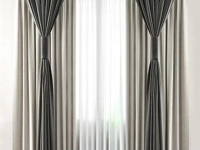 Elegant Layered Curtains With Dark Panels Sheer White Liners And Tiebacks 3d model