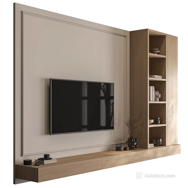 Modern Sofa Backdrop Wall Design With Mounted TV Wooden Shelves And Decorative Items 3d model 