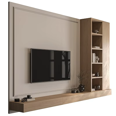 Modern Sofa Backdrop Wall Design With Mounted TV Wooden Shelves And Decorative Items 3d model