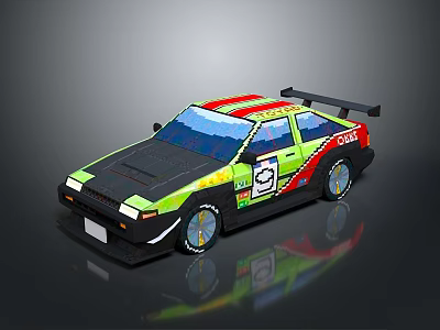 Green and Black Rally Car with Red Stripes Number 5 and Pixel Art Design 3d model