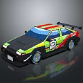 Green and Black Rally Car with Red Stripes Number 5 and Pixel Art Design