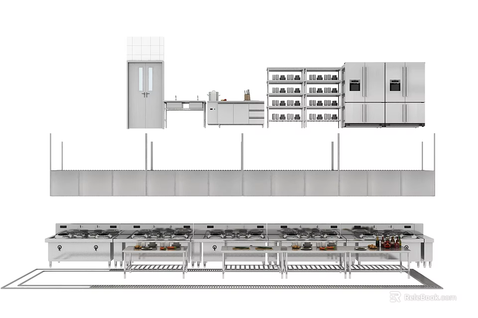 Stainless Steel Commercial Kitchen Appliances With Stoves Refrigerators Cabinets And Shelves 3d model 