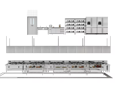 Stainless Steel Commercial Kitchen Appliances With Stoves Refrigerators Cabinets And Shelves 3d model