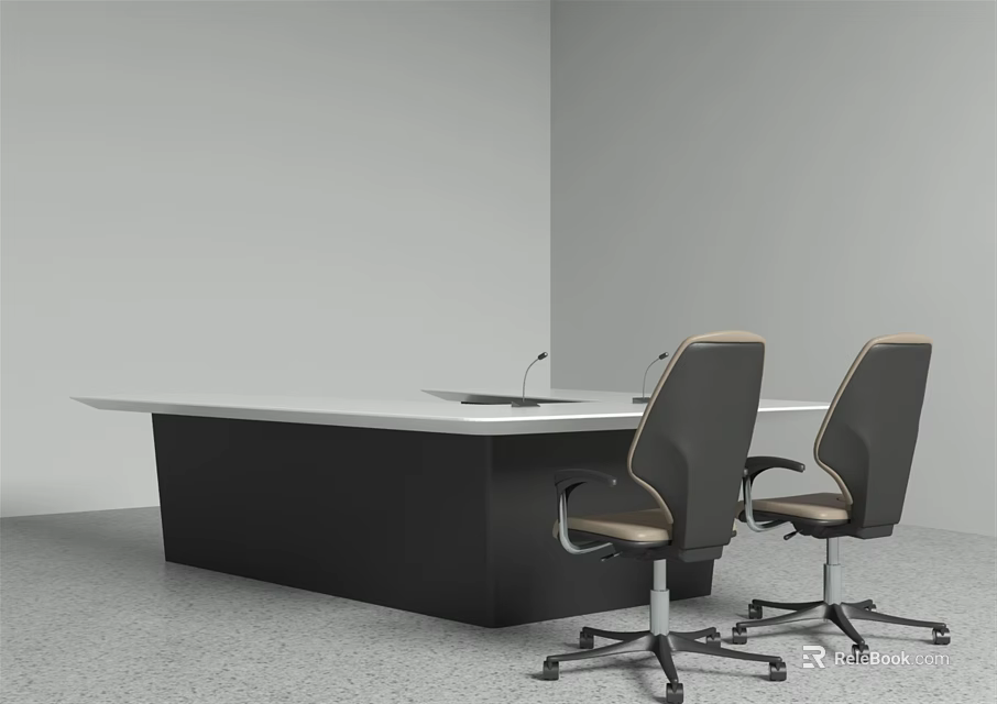 Modern Office Desk With White Tabletop And Two Gray Rolling Office Chairs 3d model
