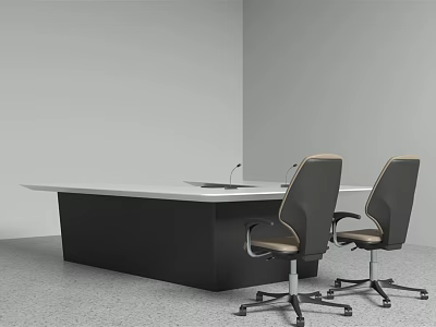 Modern Office Desk With White Tabletop And Two Gray Rolling Office Chairs 3d model