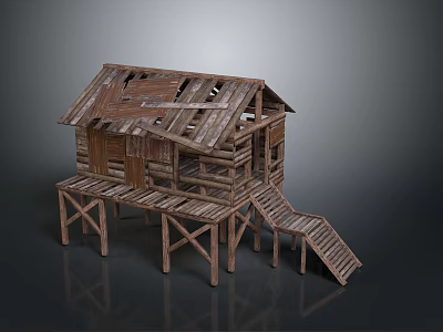 Rustic Wooden Building With Dilapidated Roof Stilt Supported Structure And Wooden Stairs 3d model
