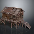 Rustic Wooden Building With Dilapidated Roof Stilt Supported Structure And Wooden Stairs