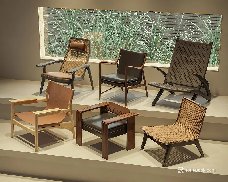 Stylish Leisure Chairs Featuring Various Designs Wooden Frames and Rattan Details for Comfortable Indoor 3d model 