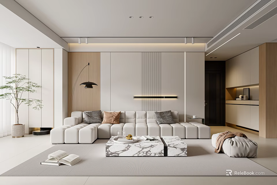 Modern Living Room Interior With Beige Sofa Throw Pillows And Marble Coffee Table 3d model 