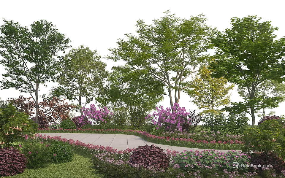 Modern Landscape Wall Design With Lush Trees Vibrant Flowers And Curved Garden Pathway 3d model 
