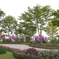 Modern Landscape Wall Design With Lush Trees Vibrant Flowers And Curved Garden Pathway