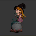 Cute Witch Girl Stirring Green Potion In Cauldron With Burning Firewood And Bubbles