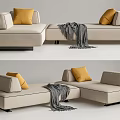 Modern Beige Sectional Sofa With Yellow Cushions And Gray Throw Blanket 3d model