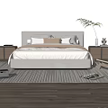 Modern Beige Double Bed With Pillows Nightstands And Striped Rug On Wooden Floor